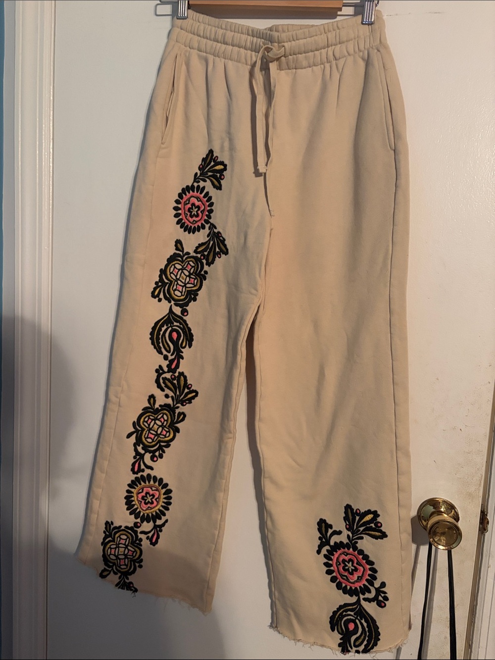 Natural Life Cream Embroidered Wide-Leg Sweatpants with Floral Trim Whimsical